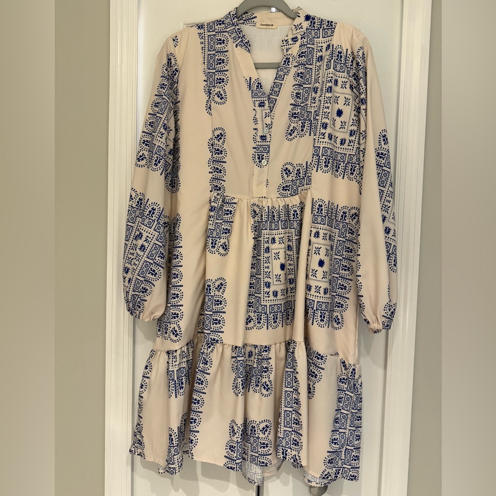 Sunday Blue and Cream Long Sleeve Dress